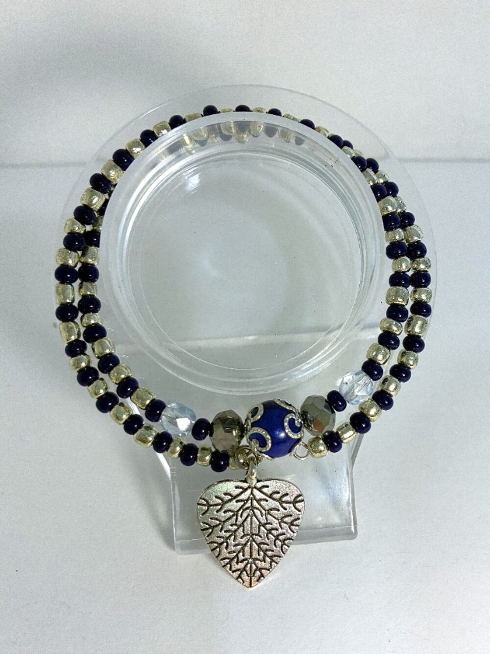 Elegant Navy & Silver Beaded Bracelet – With Tree of Life Heart Charm